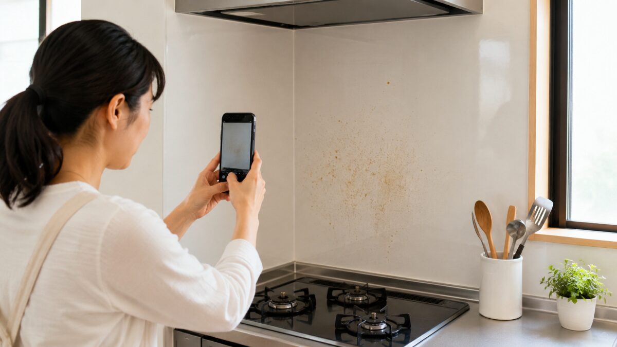キッチン壁の油汚れを相談前にスマートフォンで撮影している様子