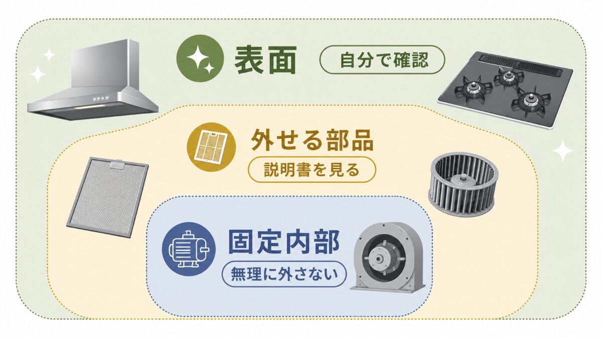 キッチン掃除で自分で触れる表面と外せる部品、固定内部を示す図