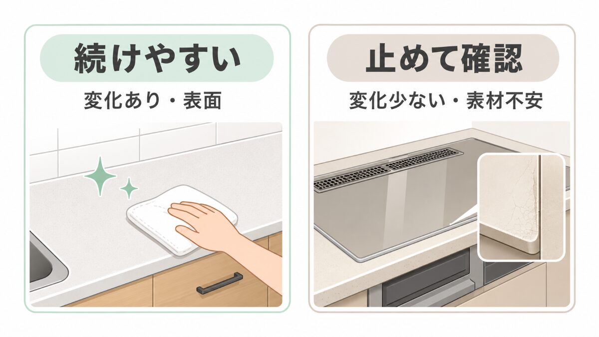 キッチン掃除を続けやすい状態と止めて確認する状態の比較図