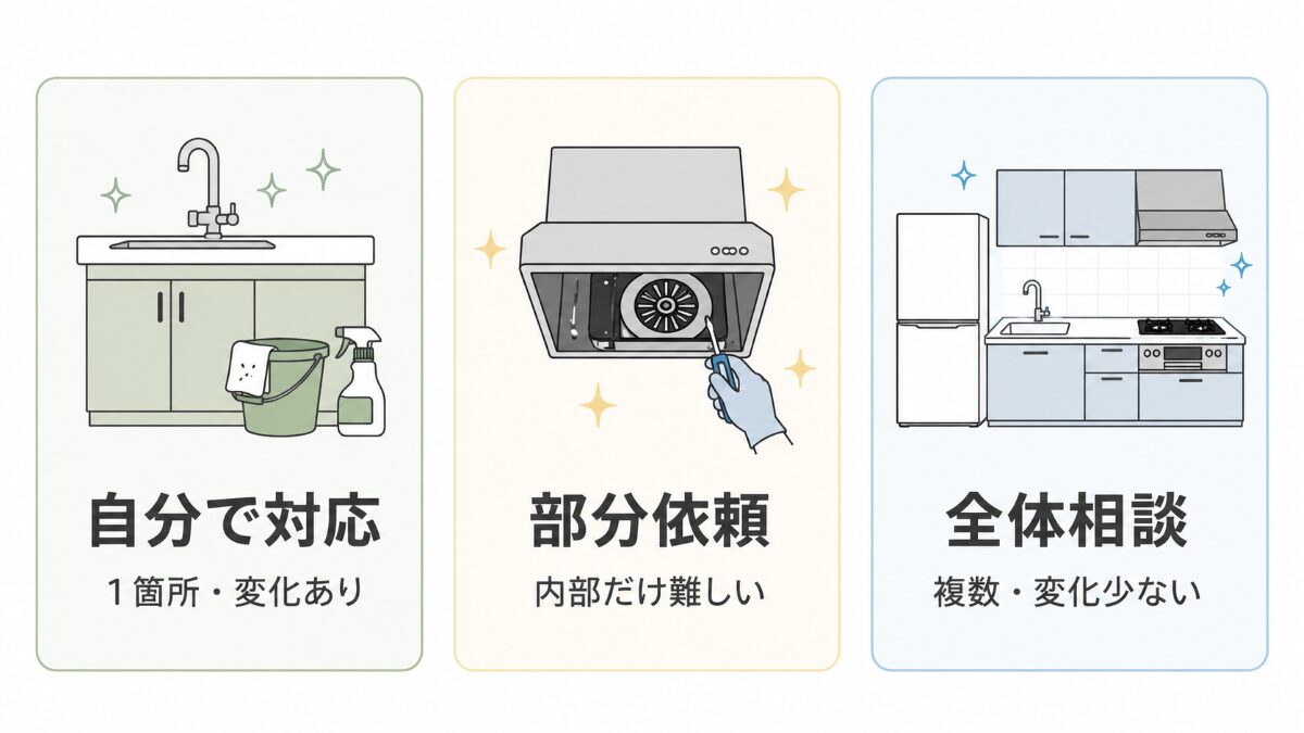 キッチン掃除を自分で対応する場合と部分依頼と全体相談で比較する図