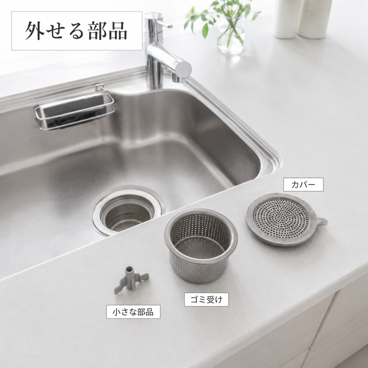 キッチン排水口のカバー・ゴミ受け・外して洗える部品を並べた写真