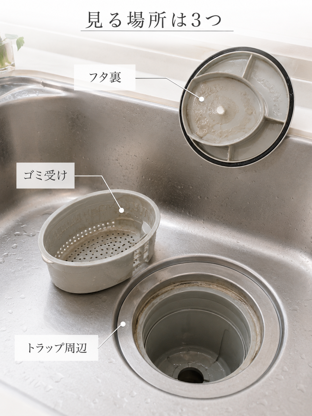 キッチン排水口のフタ裏、ゴミ受け、トラップ周辺の確認場所を示した写真