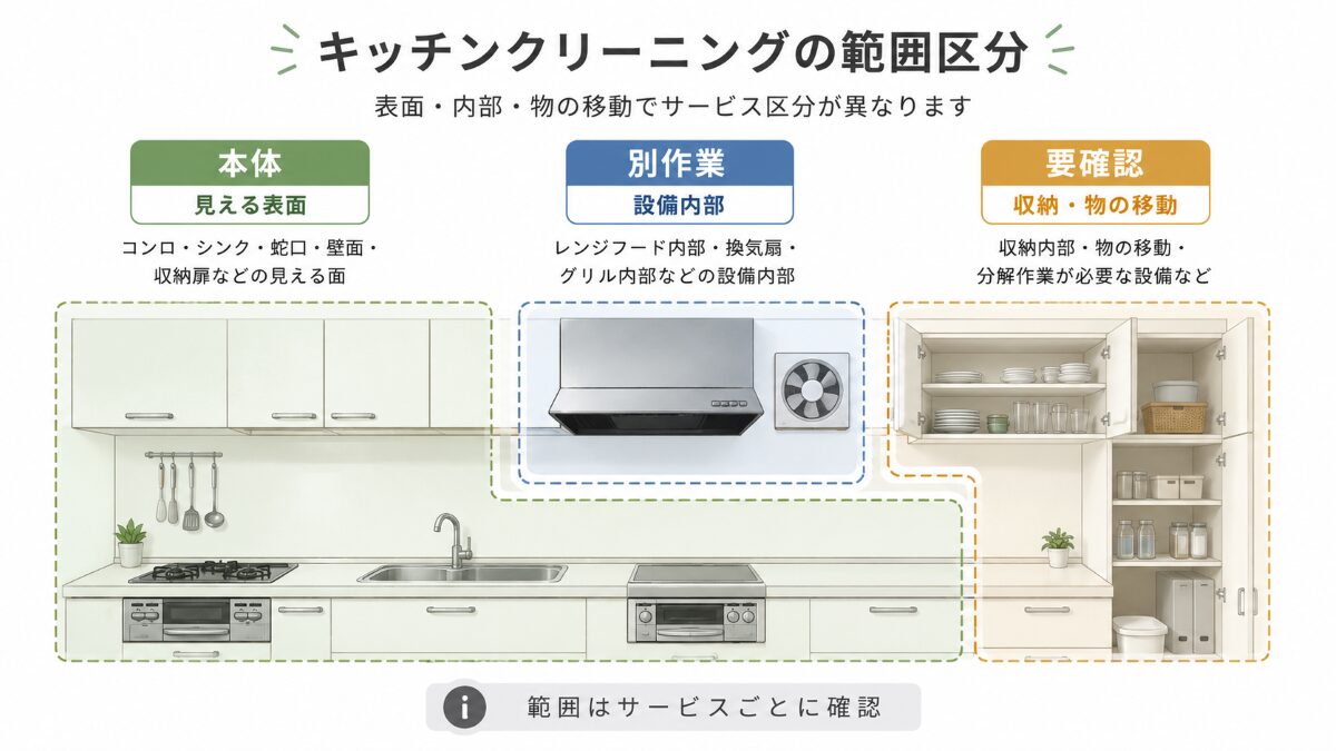 キッチン本体別作業事前確認の3区分を示した範囲図