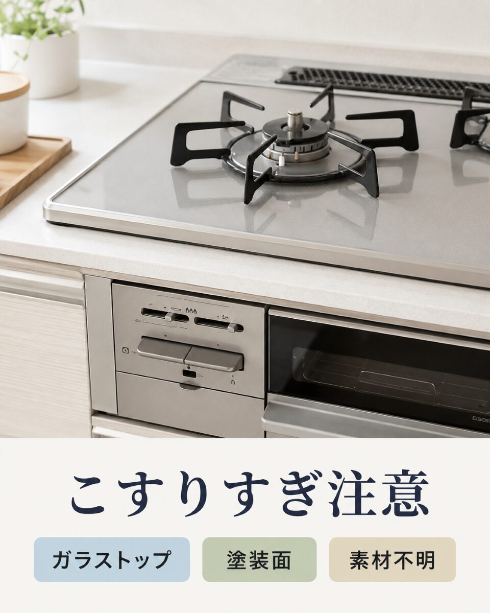 コンロのガラストップや塗装面などこすりすぎに注意する場所