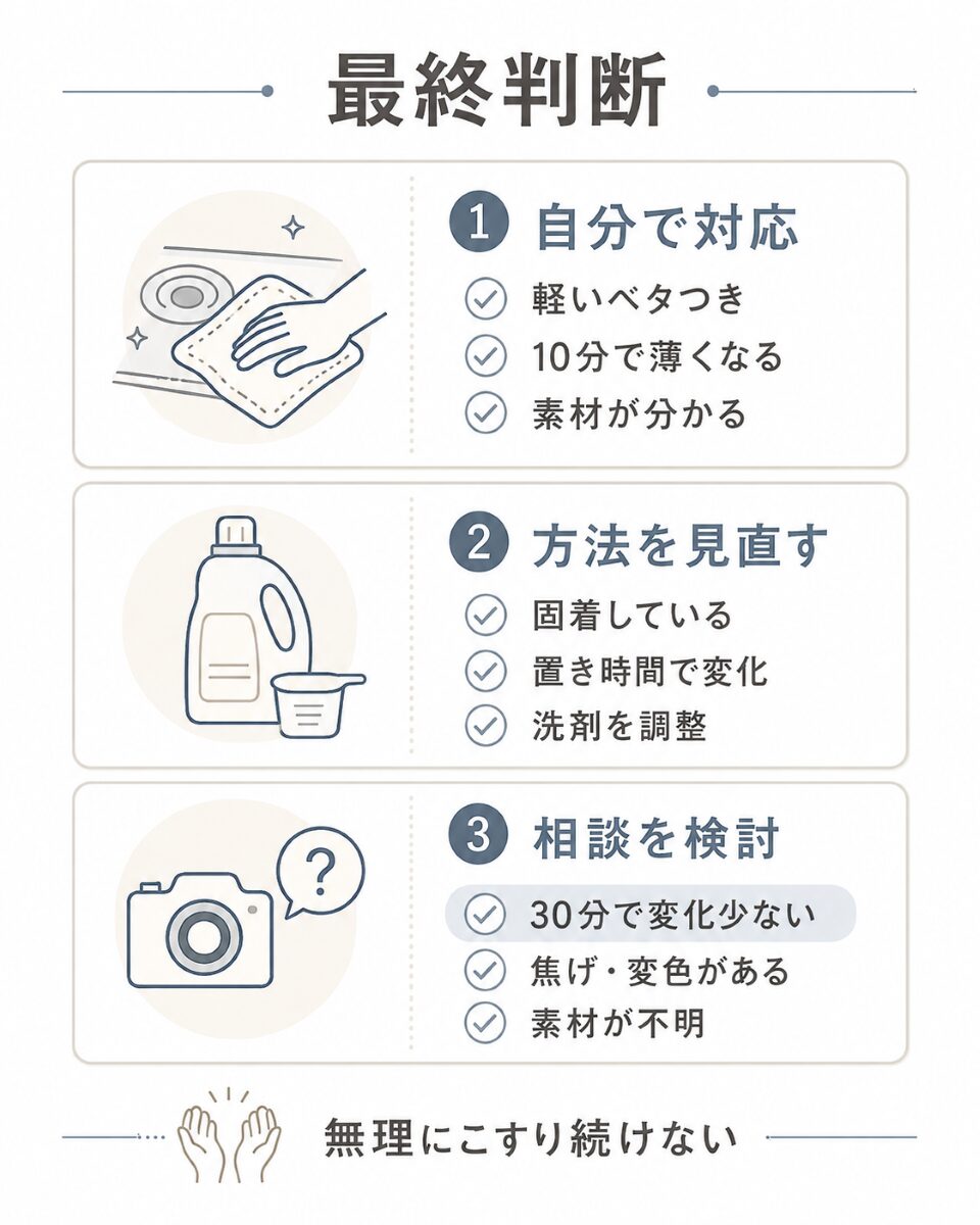 コンロ油汚れを自分で対応するか方法を見直すか相談を検討するかの最終判断表
