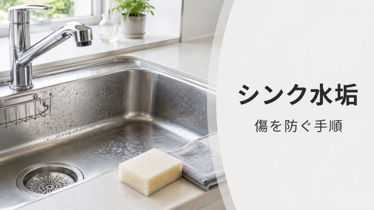 シンクの水垢を傷を防ぎながら掃除する手順を示すアイキャッチ