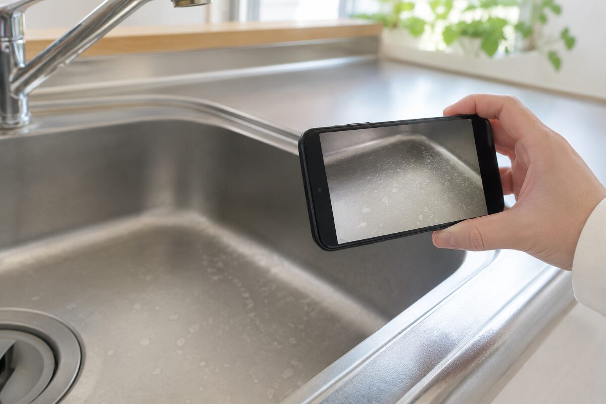 シンクの白い水垢をスマートフォンで撮影している様子
