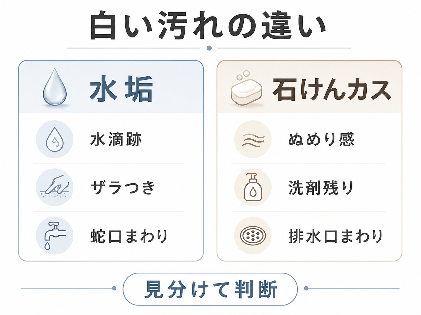 シンクの白い汚れである水垢と石けんカスの違いを比較した図表