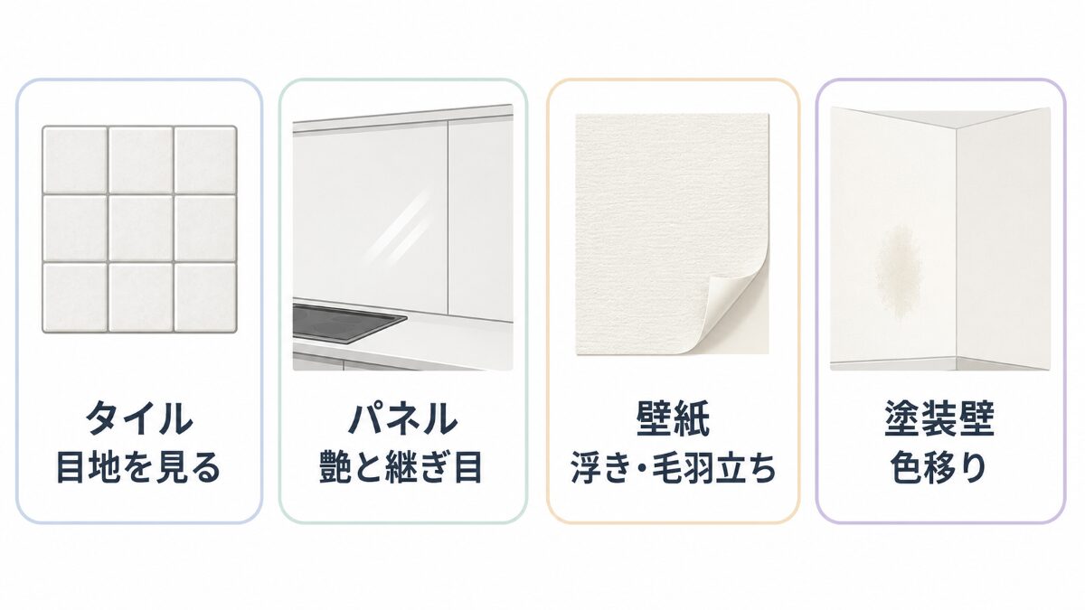 タイル、キッチンパネル、壁紙、塗装壁で油汚れ掃除前に確認する場所の比較図