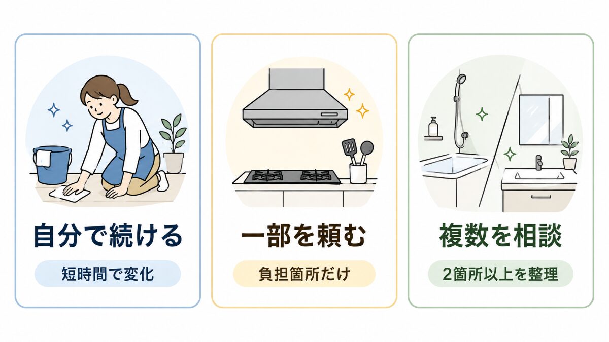 ハウスクリーニングを自分で続ける、一部だけ頼む、複数箇所を相談する3つの選択肢