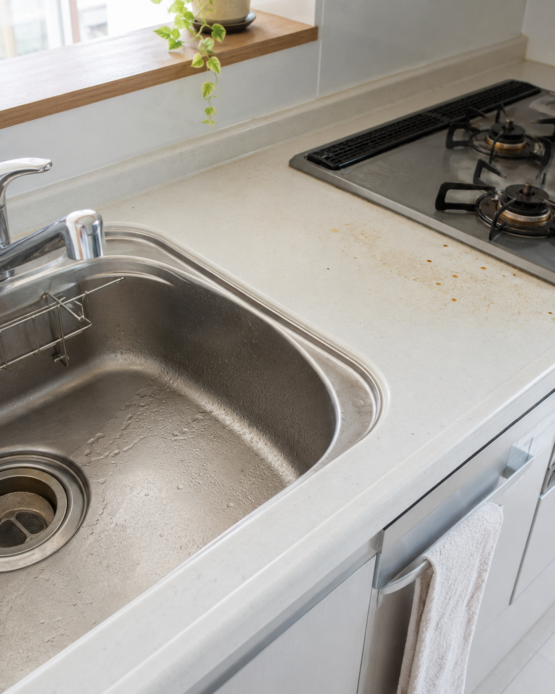 家庭掃除で対応しやすい軽い油はねや水滴がある明るいキッチン