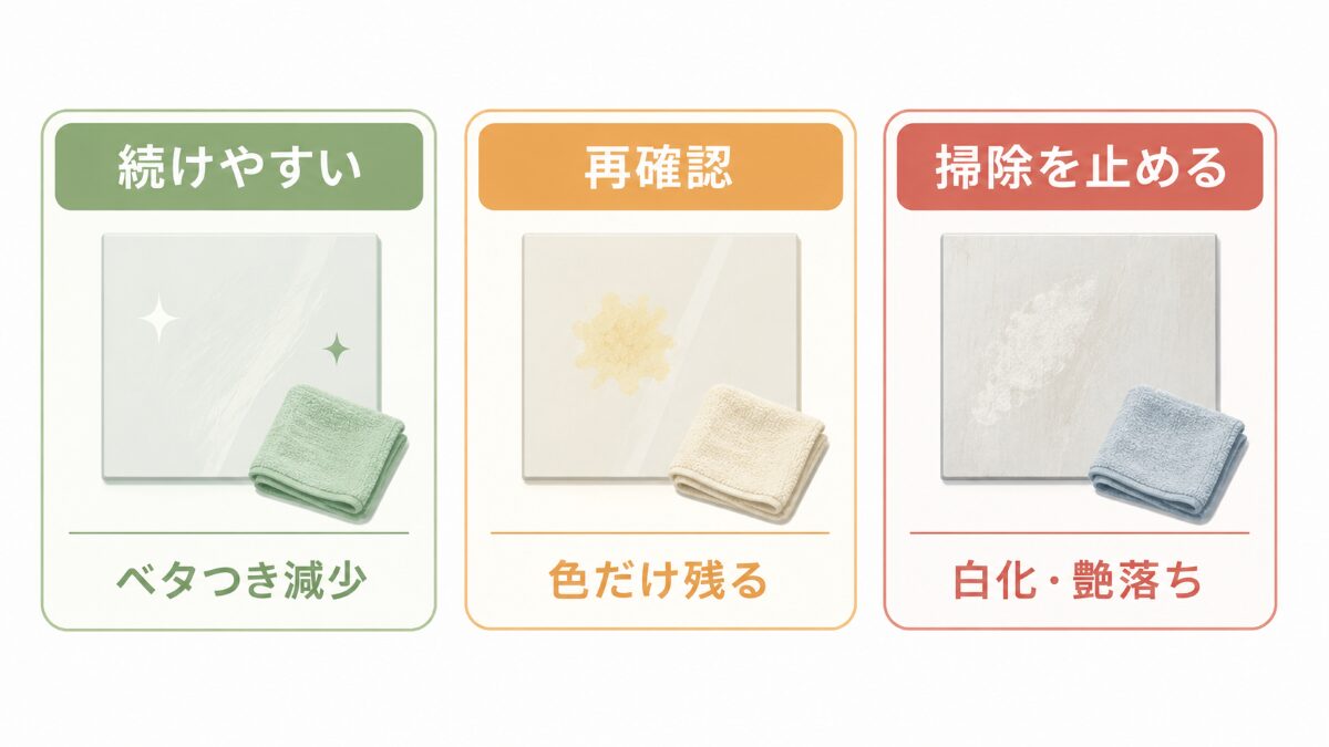 掃除後の油汚れを続行、再確認、中止に分けた図