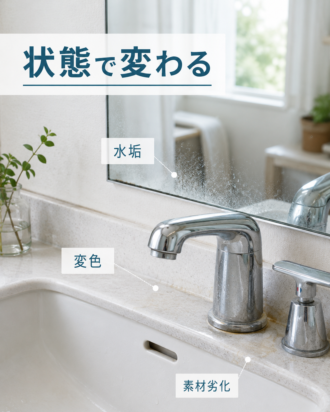 水回りの水垢や変色など仕上がりが状態によって変わる箇所を示した写真