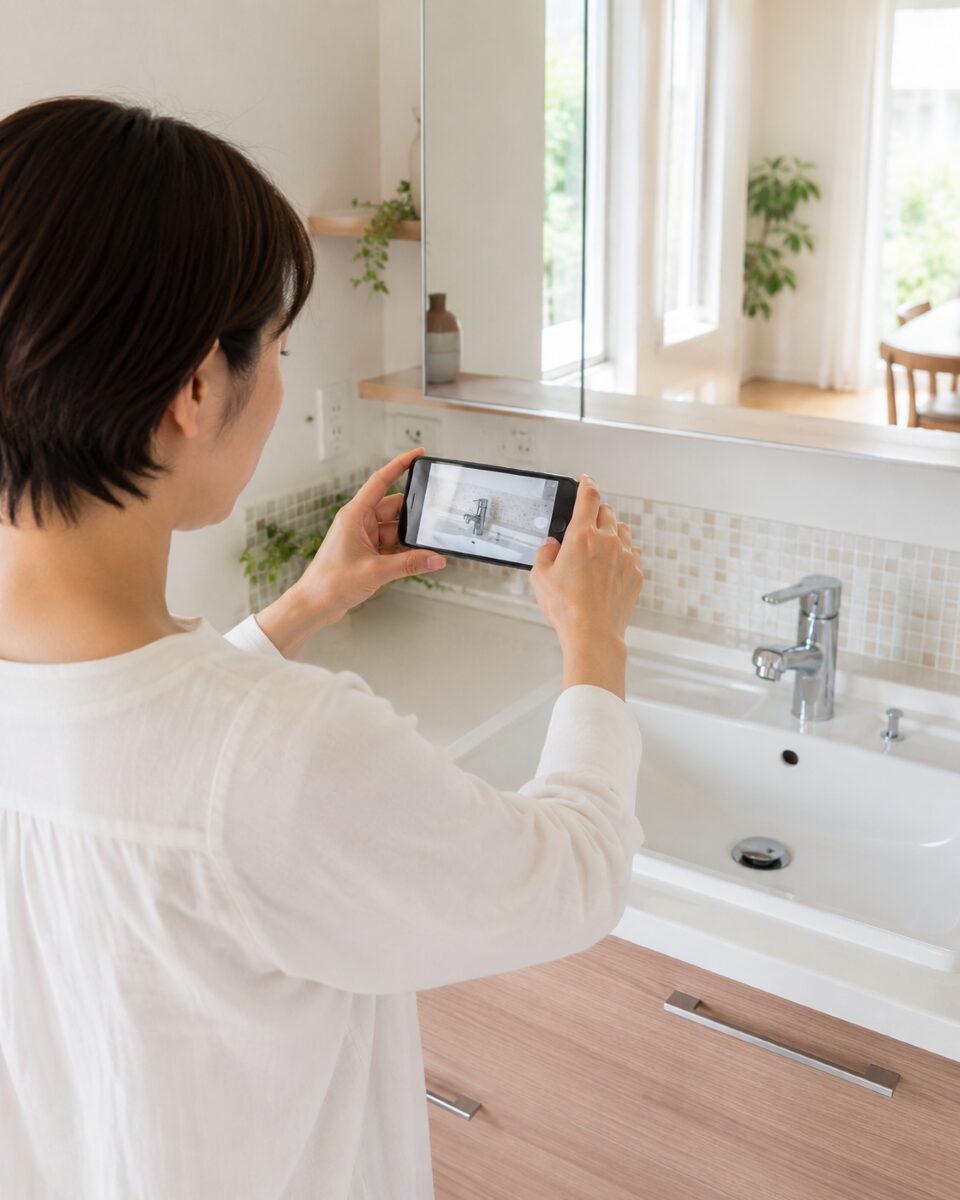 水回りの状態を写真で確認するためにスマートフォンで撮影している様子