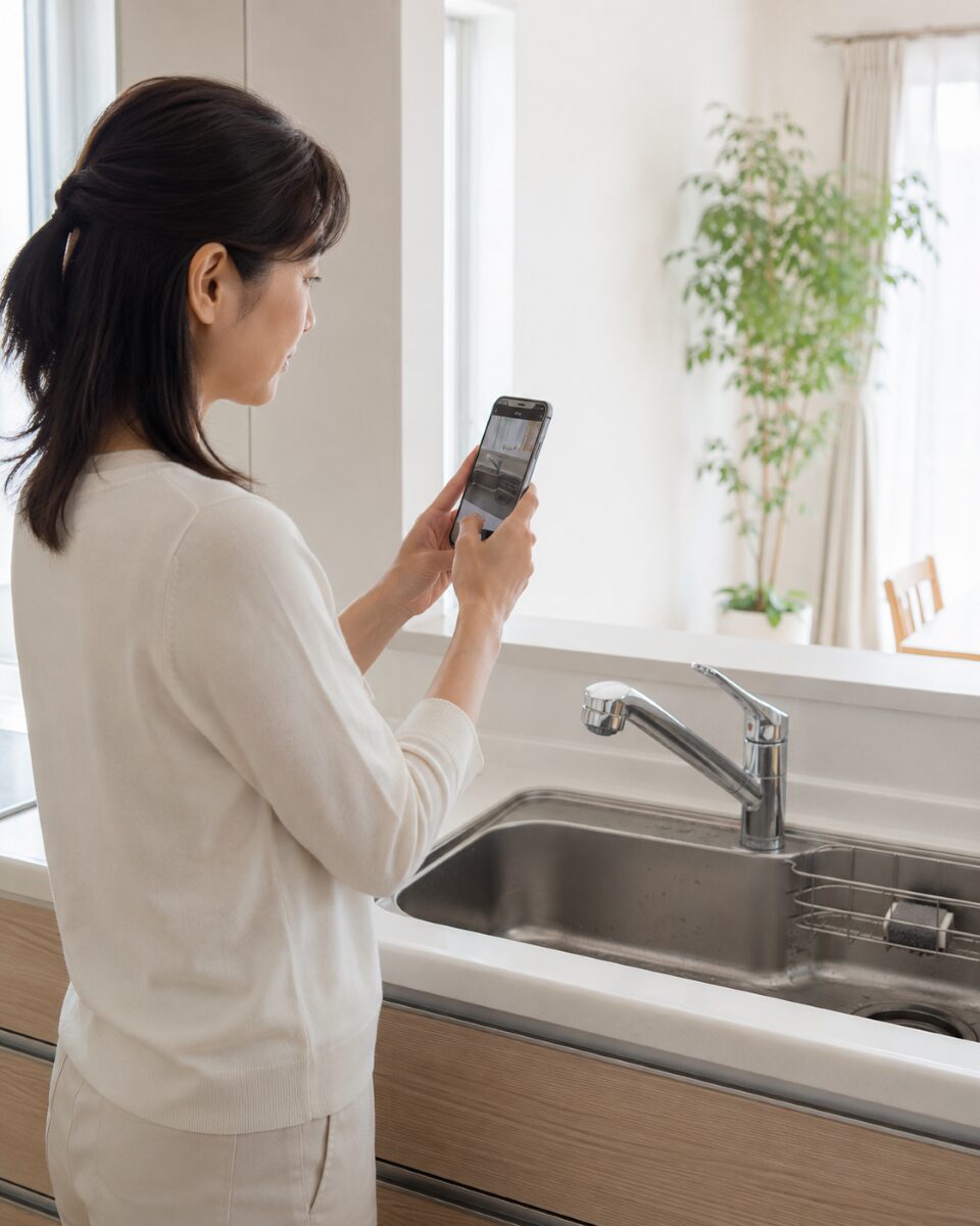 水回りの状態を写真で確認するためにスマートフォンで撮影している様子