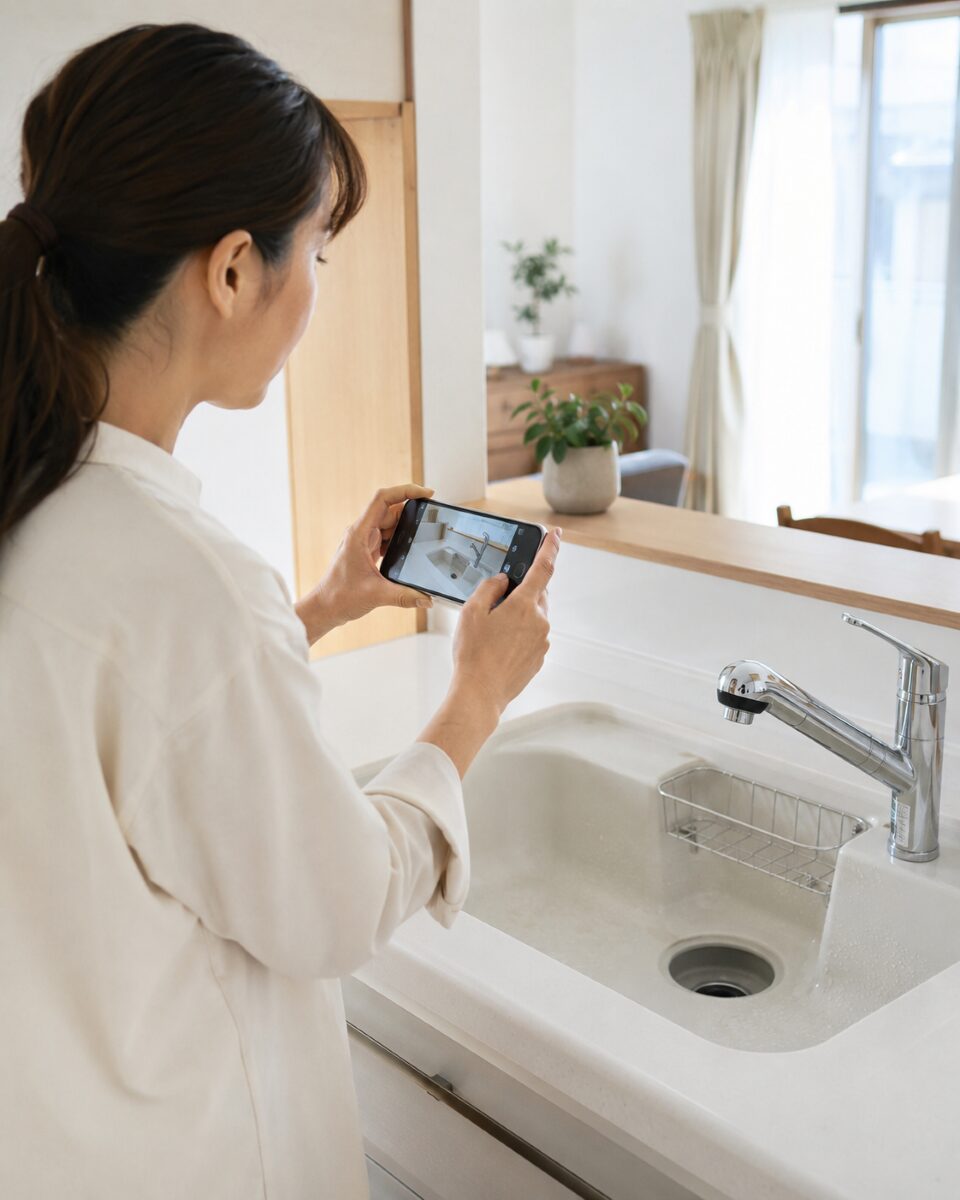 水回りの状態を写真で確認するためにスマートフォンで撮影している様子