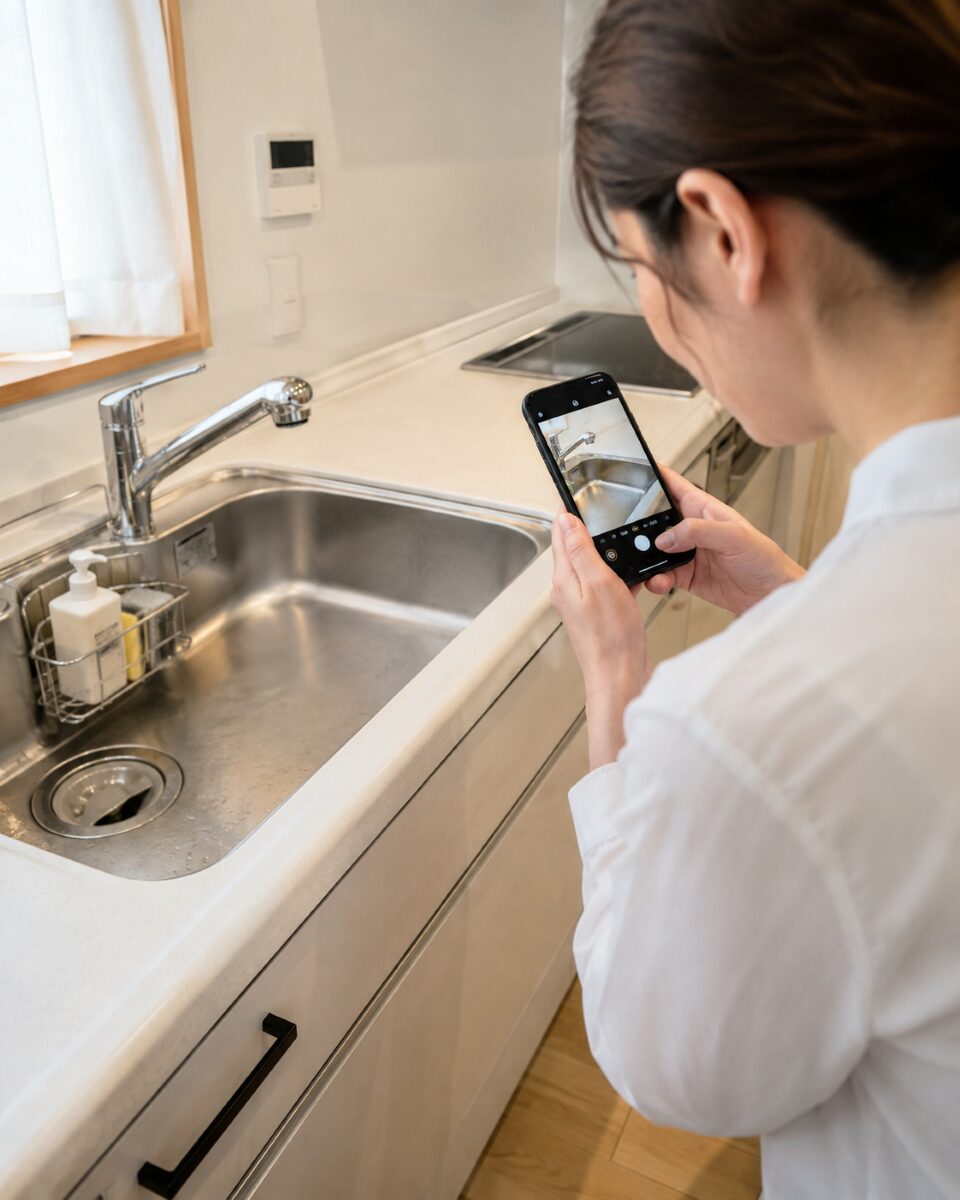 水回りの状態を写真で確認するためにスマートフォンで撮影している様子