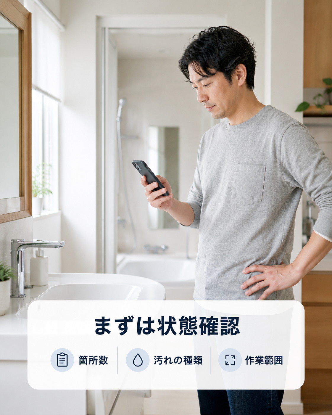 水回りの状態を確認しながら依頼前の判断材料を整理している様子