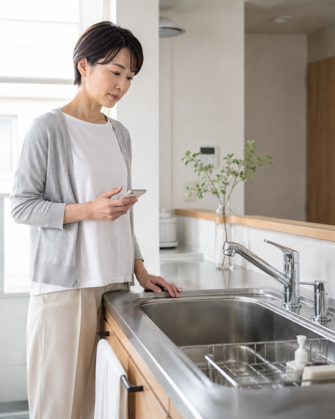 水回りクリーニングの料金を考える前に状態を確認している様子