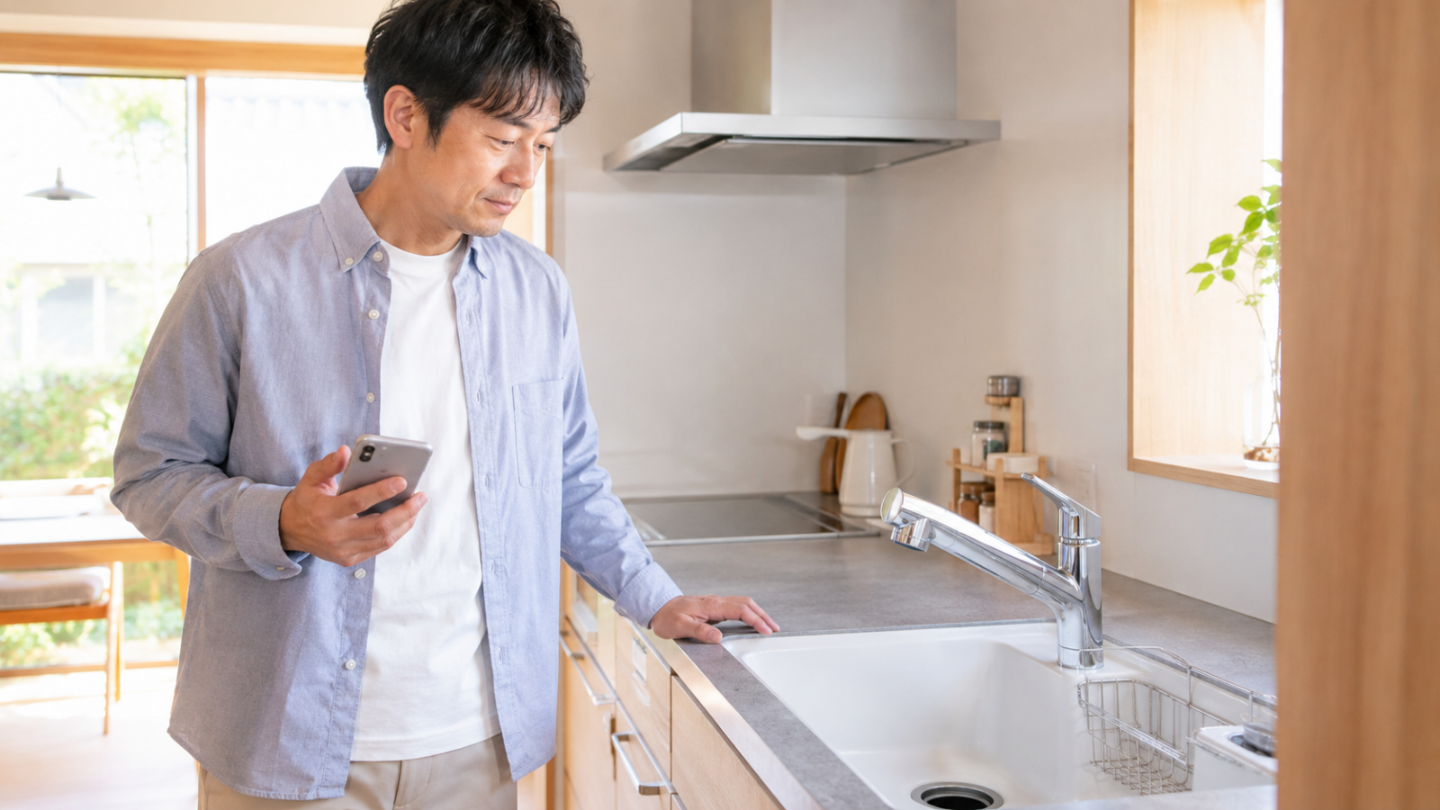 水回りクリーニングの相談前にキッチンの状態を確認する様子
