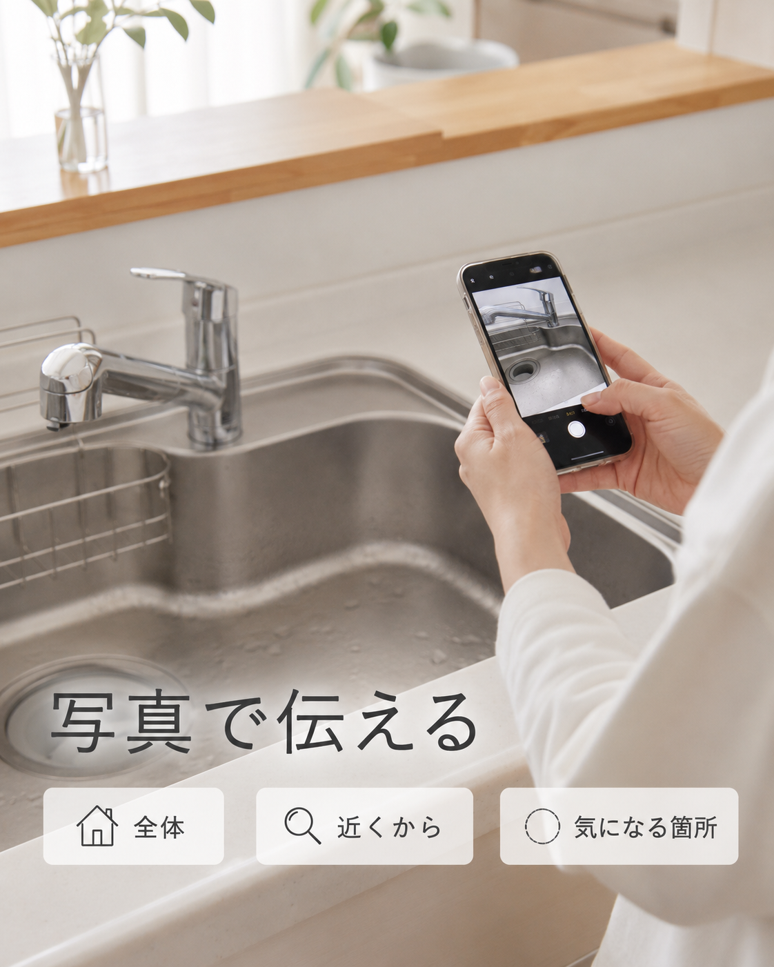 水回りクリーニングの見積もり前に写真で状態を伝える様子
