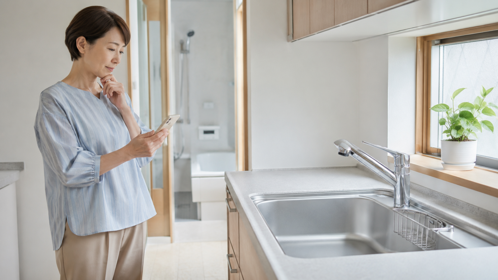 水回りクリーニングを依頼する前に浴室やキッチンの状態を確認している様子