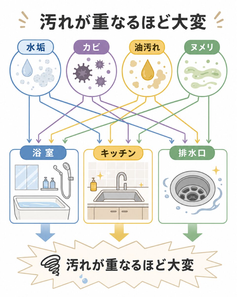水回り掃除で汚れの種類が重なるほど大変になることを示す図解