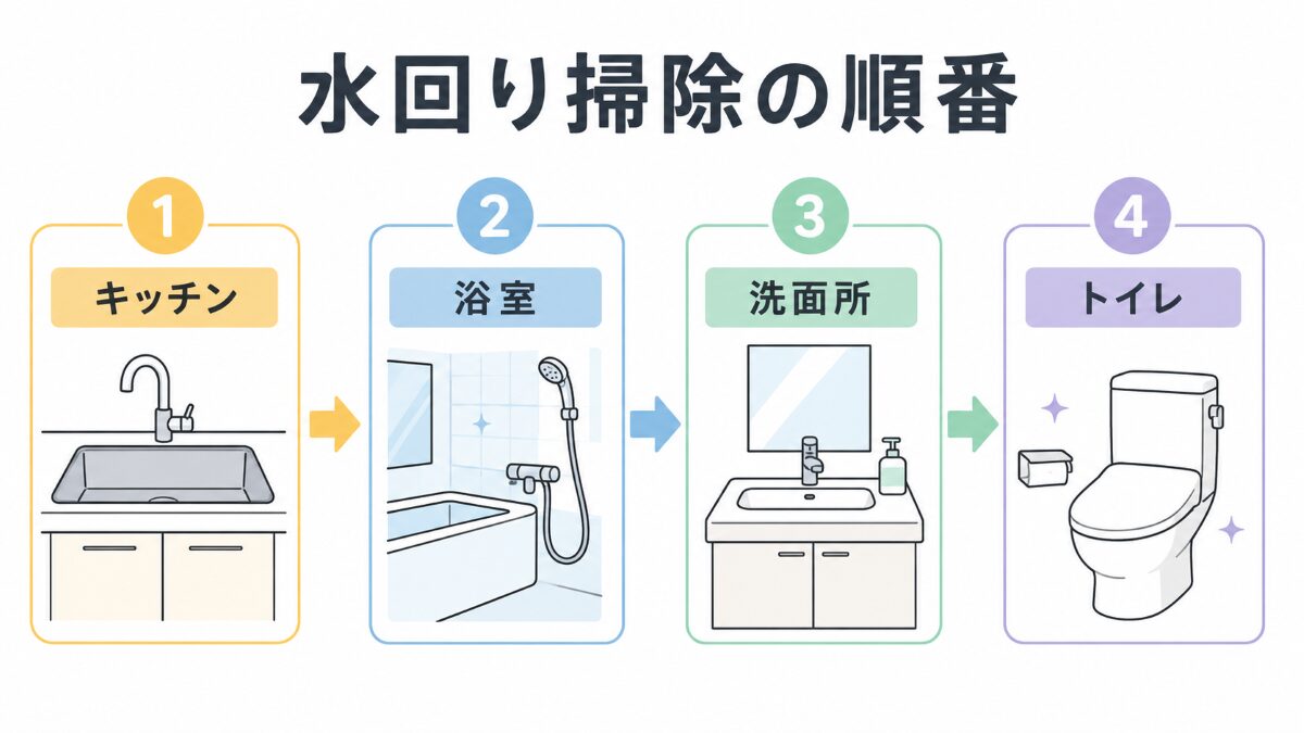 水回り掃除の基本順番を示す4ステップ図解