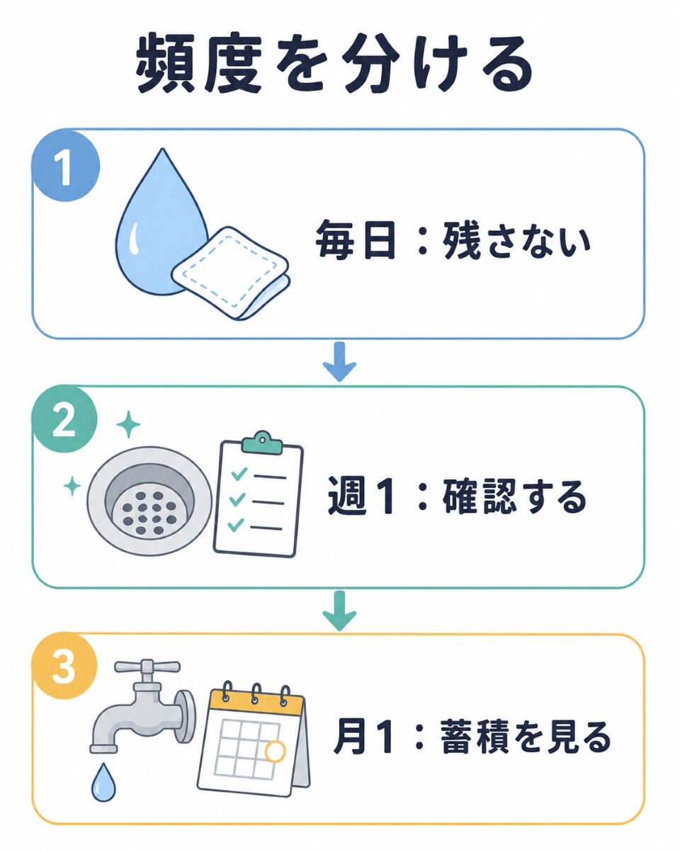 水回り掃除の頻度を毎日・週1・月1に分ける図解