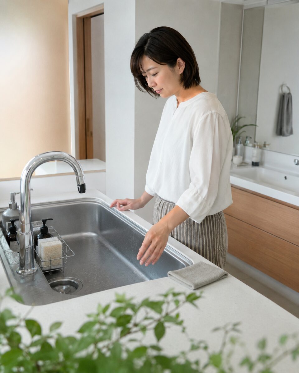 水回り掃除の頻度を確認するためにシンクや洗面所を見ている様子