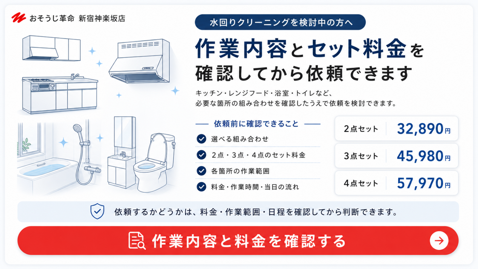 水回りクリーニングの作業内容とセット料金を確認できる案内画像