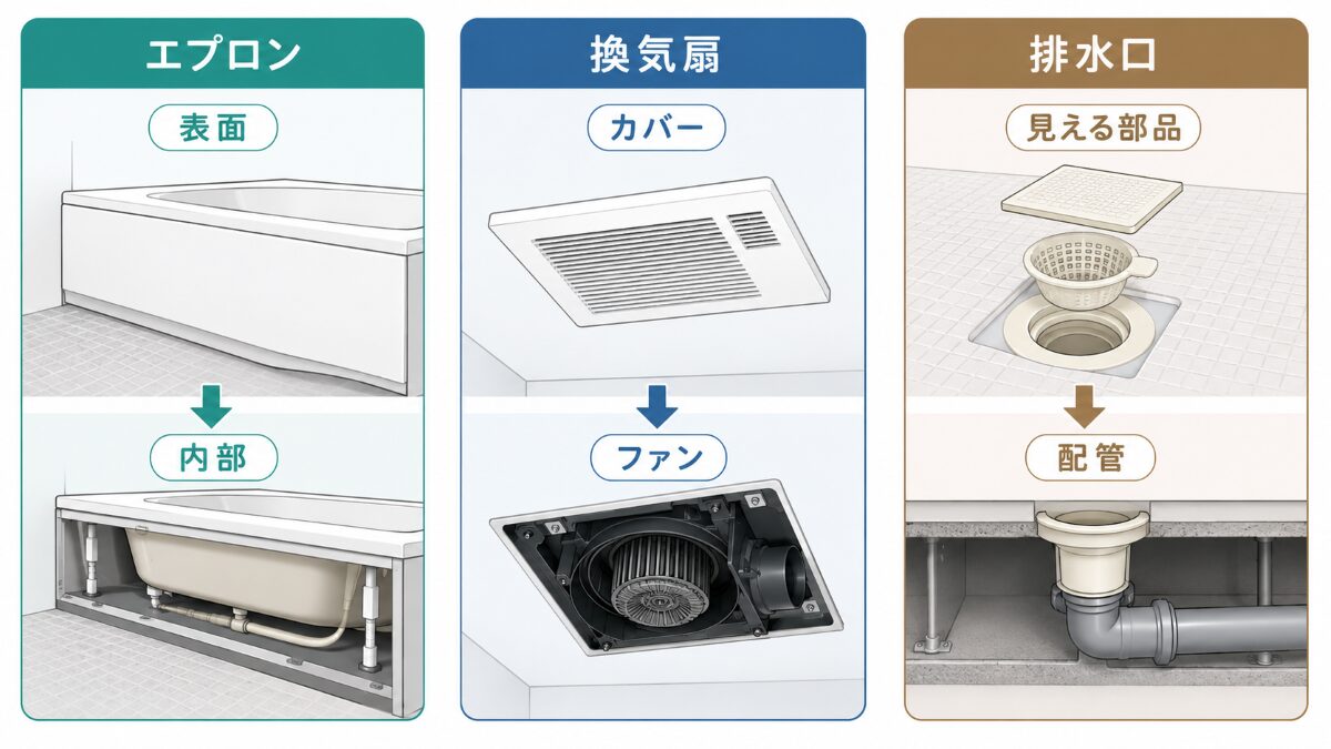 浴室のエプロン換気扇排水口を表面と内部に分けた作業範囲図