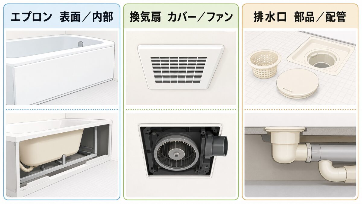 浴室のエプロン換気扇排水口を表面と内部に分ける注意範囲図