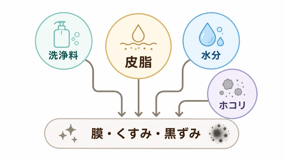 浴室の皮脂に洗浄料水分ホコリが重なり膜やくすみになる原因図