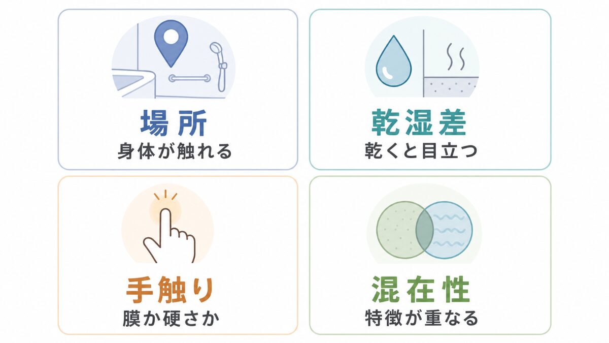 浴室の皮脂汚れを場所乾湿差手触り混在性で確認する4軸図