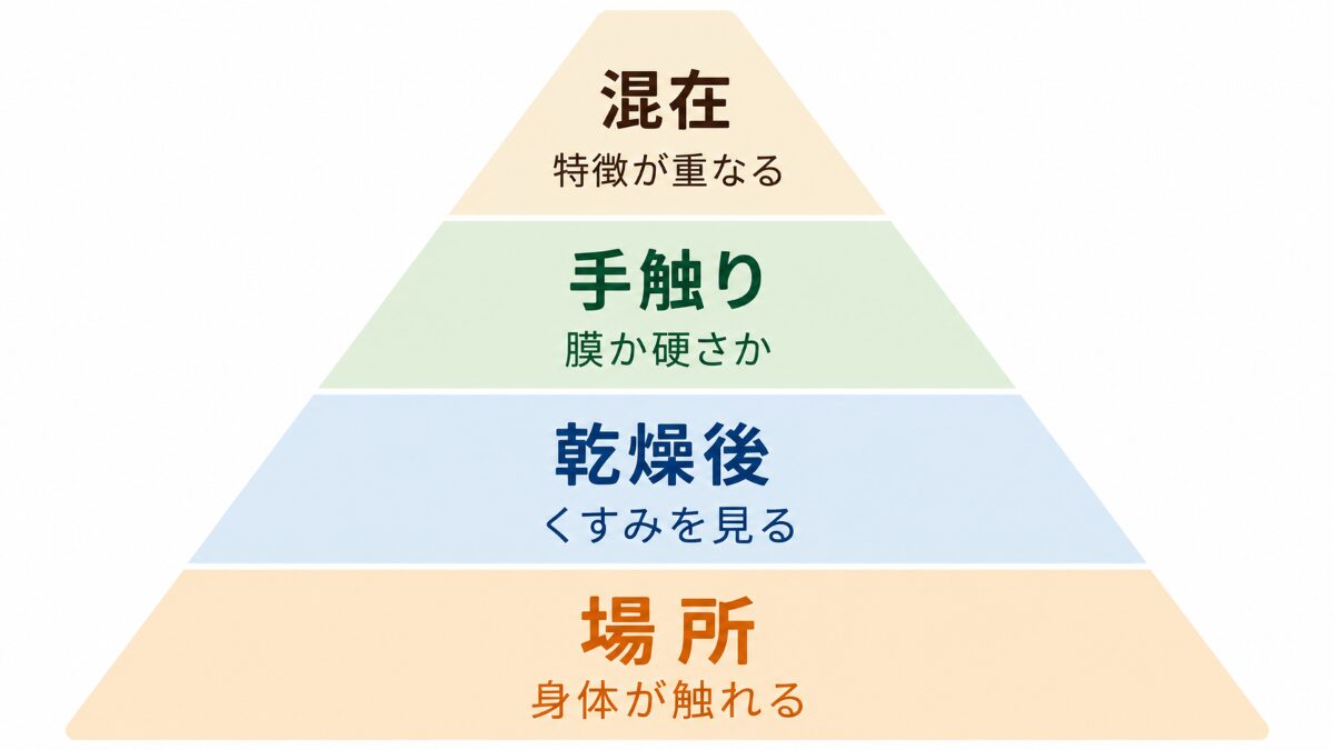 浴室の皮脂汚れを場所乾燥後手触り混在の順で確認する優先順位図