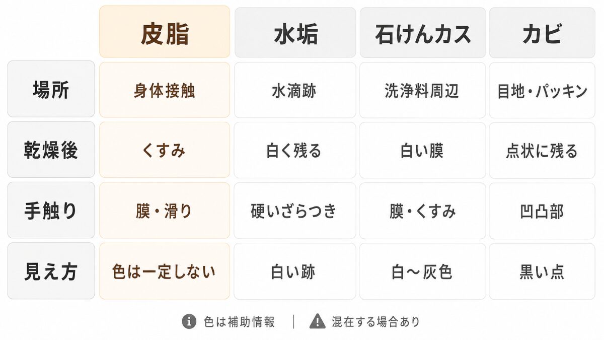 浴室の皮脂汚れ水垢石けんカスカビを場所乾燥後手触りで比較する図