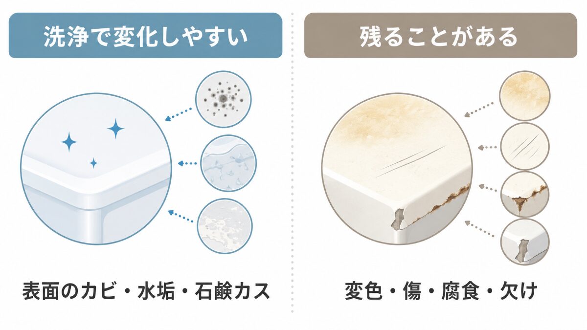 浴室の表面汚れと洗浄では戻りにくい変色傷腐食欠けの比較図