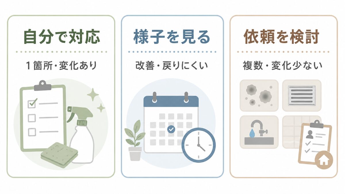 浴室クリーニングが必要かを自分で対応様子を見る依頼検討の3つに分ける図