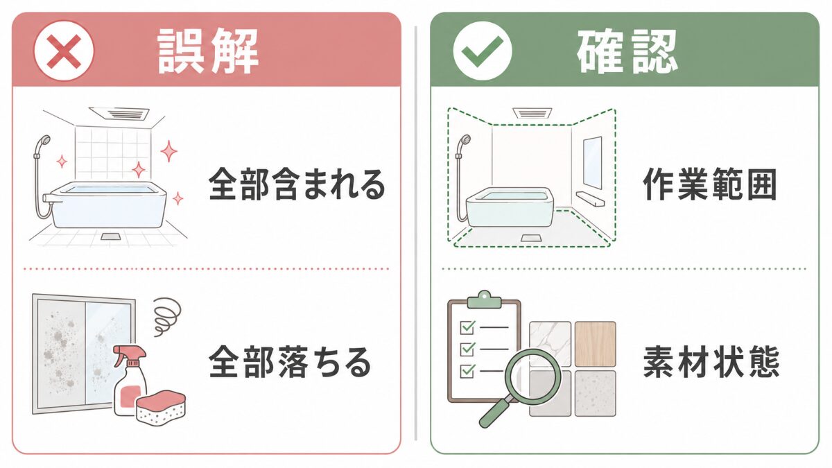 浴室クリーニングで全部含まれる全部落ちるという誤解と確認点を比較する図