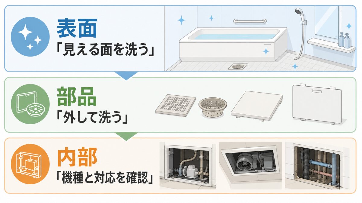浴室クリーニングの作業を表面外せる部品設備内部の3層で示す図