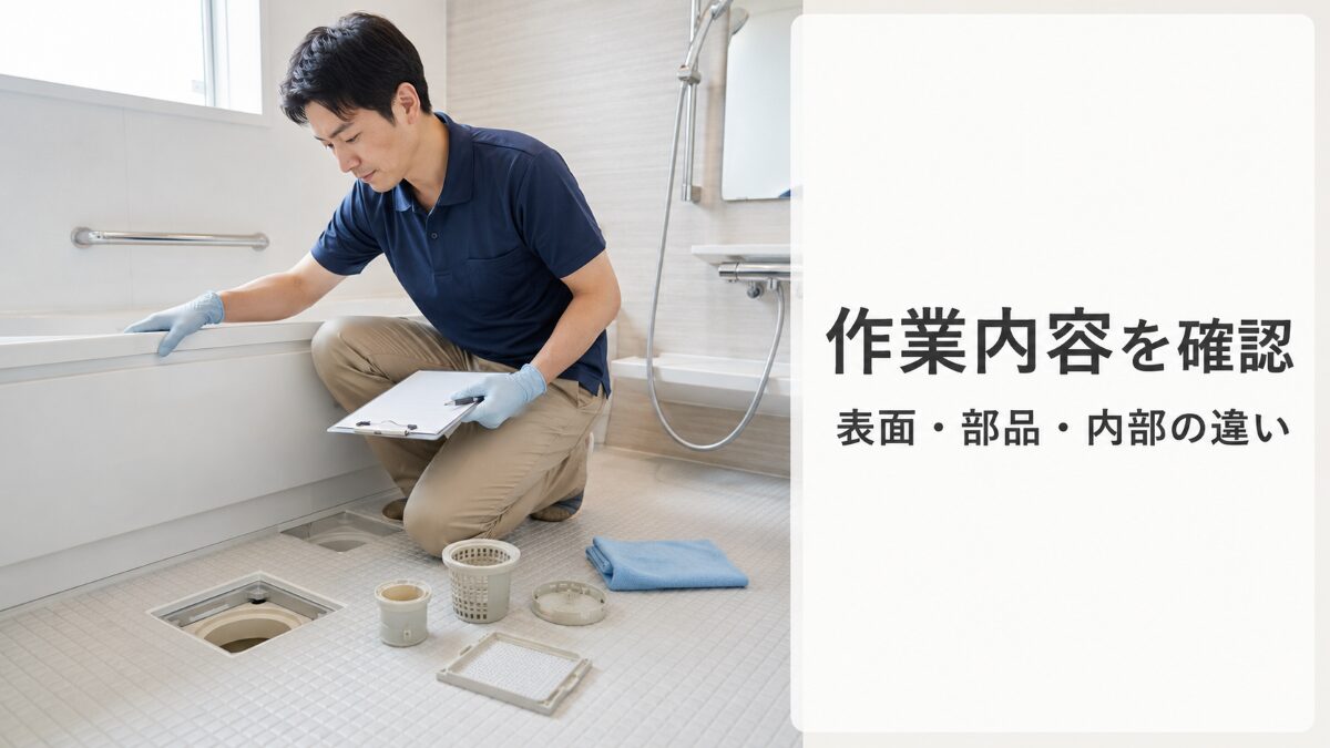 浴室クリーニングの作業前に浴室全体と外せる部品を確認する様子