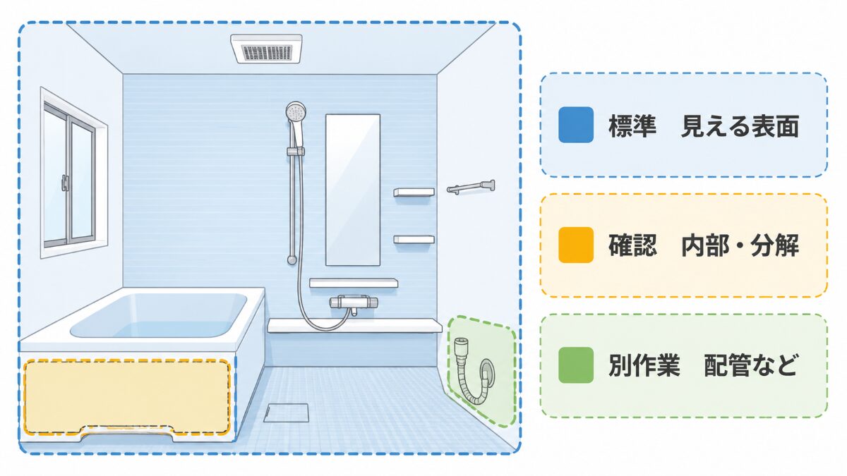 浴室クリーニングの見える表面内部別作業を分ける範囲マップ