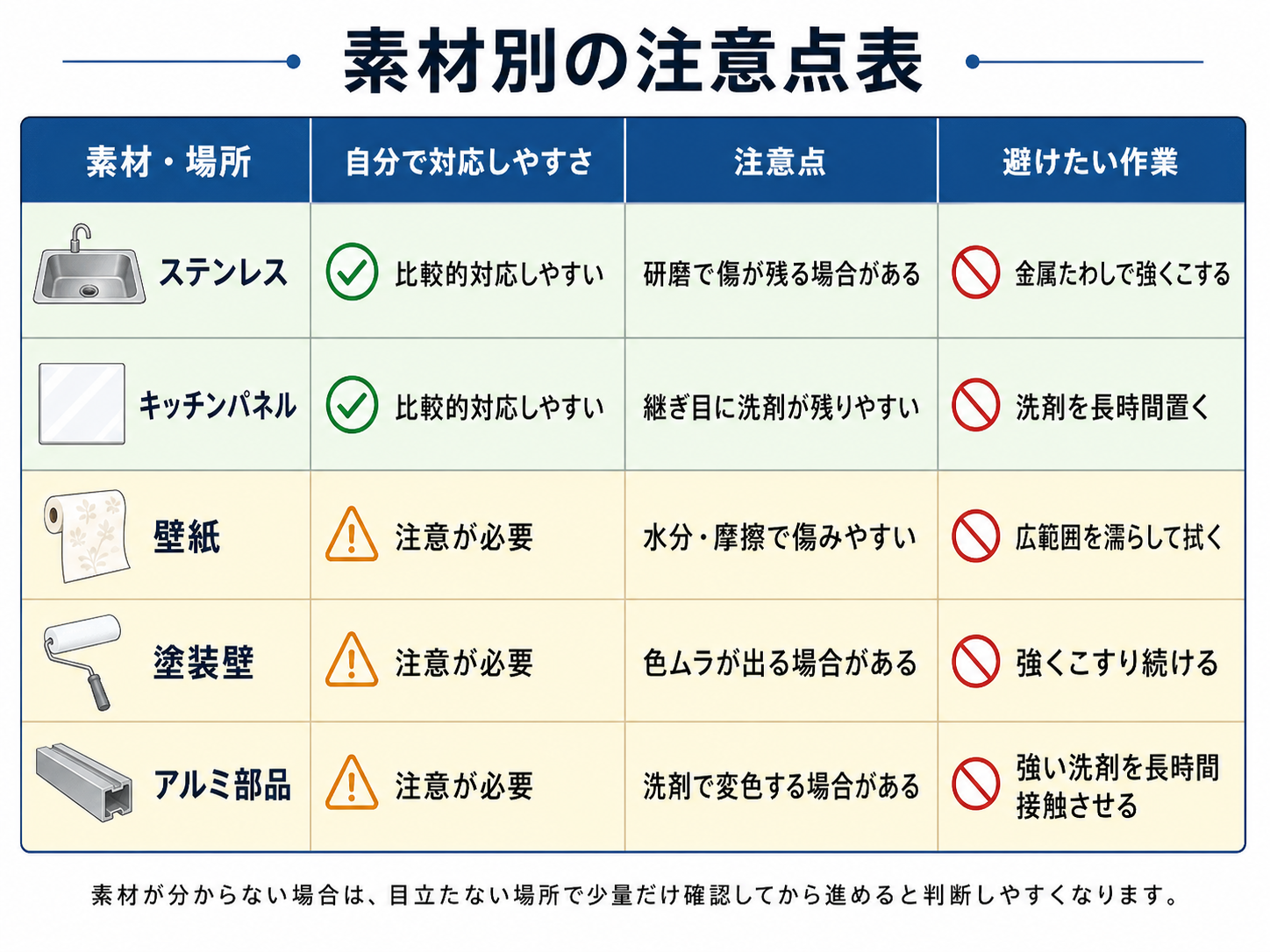 キッチン掃除で素材別に注意したい洗剤と作業の表