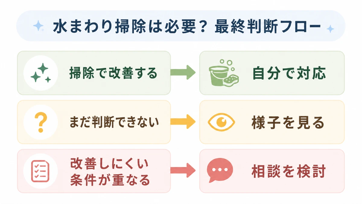 水回りクリーニングが必要か自分で対応と様子見と相談の3段階で判断する図