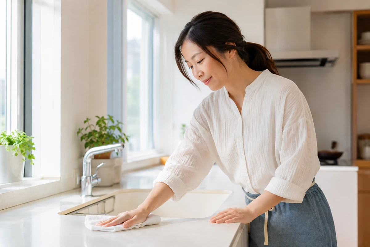 ハウスクリーニング後に家庭で軽い日常掃除をしている様子