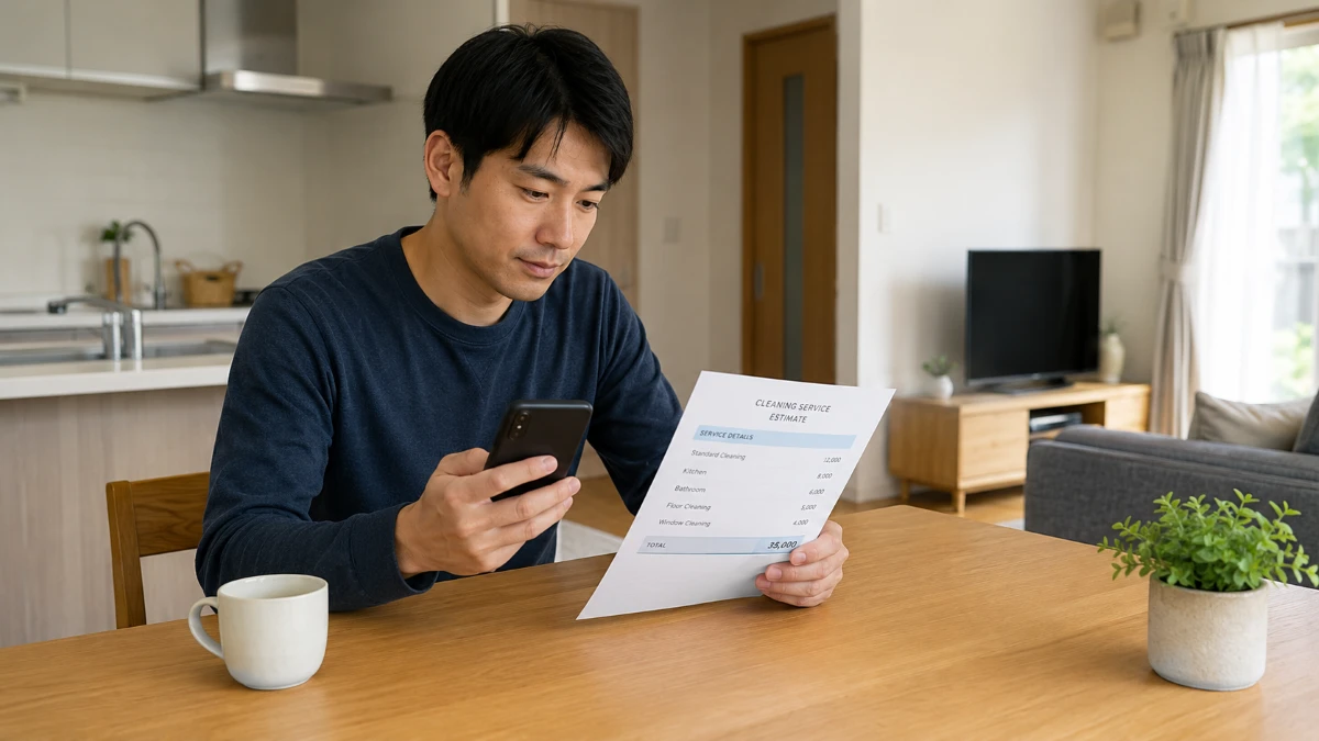 ハウスクリーニングの料金条件を確認する様子