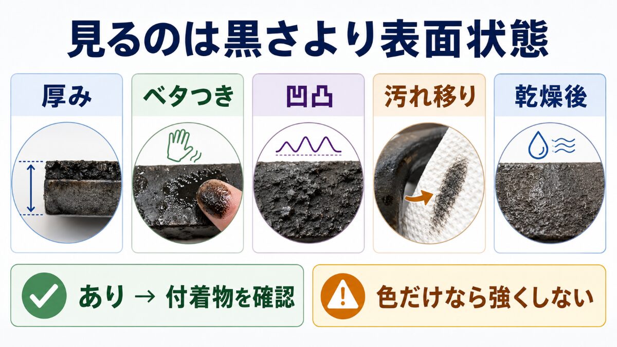 五徳の黒ずみを厚み・ベタつき・凹凸・汚れ移りで比較する図