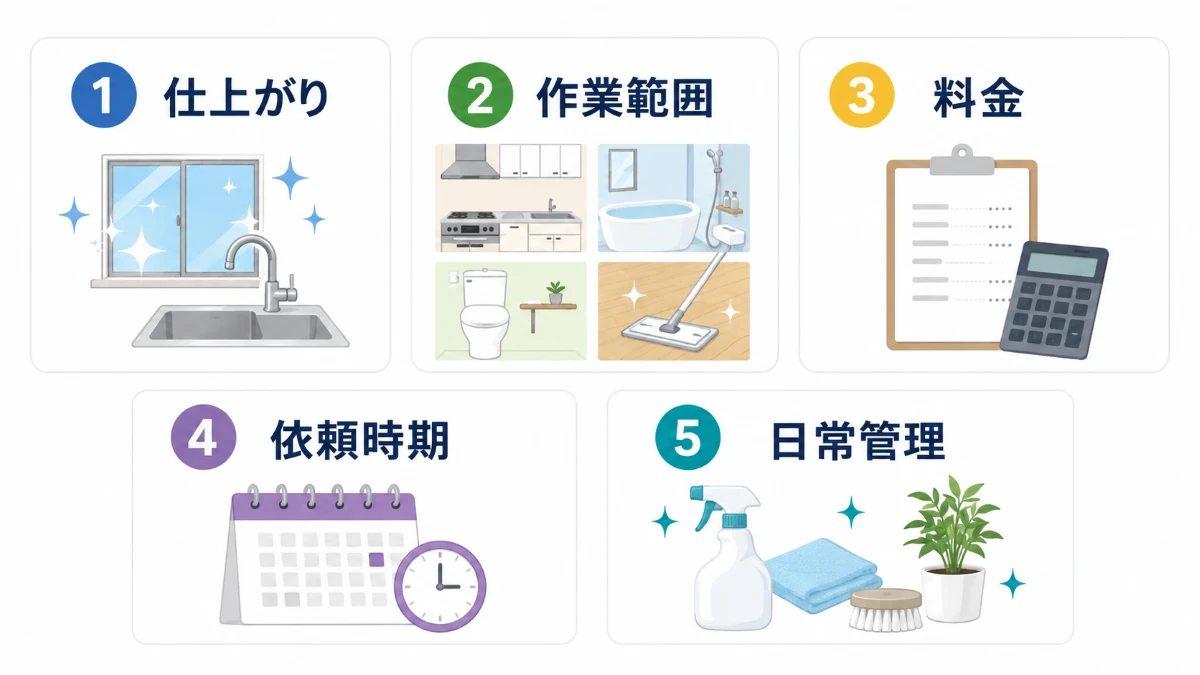 ハウスクリーニングで確認する仕上がり作業範囲料金依頼時期日常管理の5項目