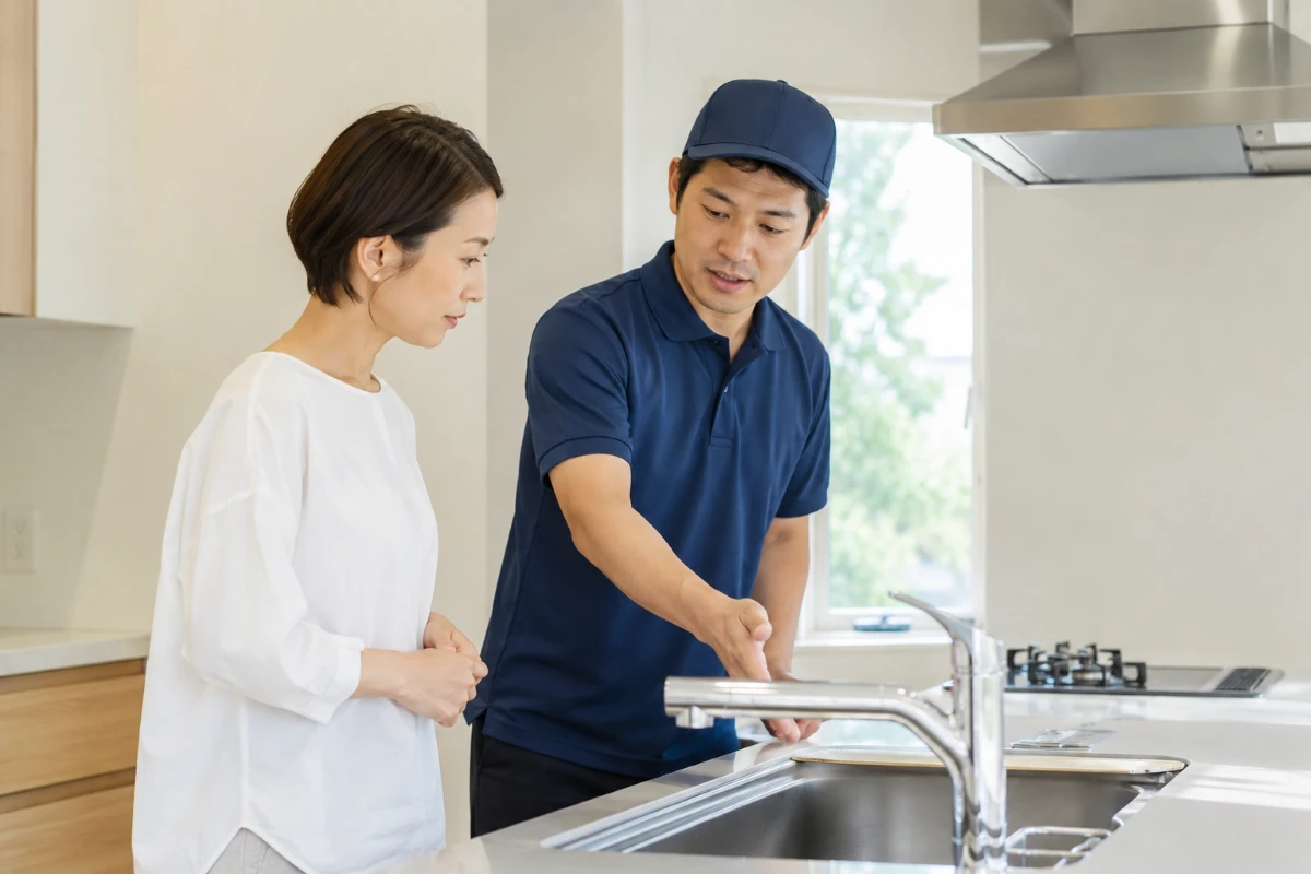 清掃前に設備や作業範囲を確認しているハウスクリーニングの現場